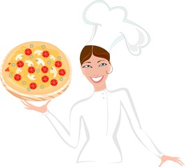 Chef and pizza with mushrooms, olives, tomatoes