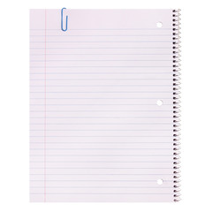 Notebook Paper isolated. Lined Blank with Paper Clip