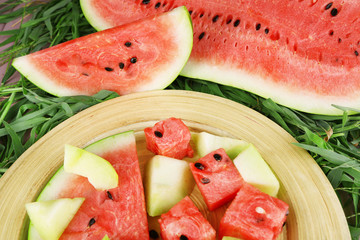 Water melon and melon on bamboo plate on grass background