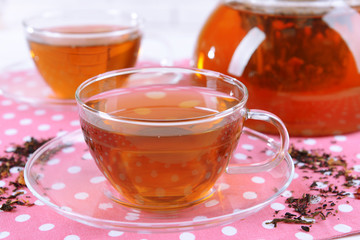 Teapot and cups of tea on table close+up