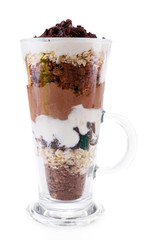 Yogurt, with chocolate cream, chopped chocolate and muesli