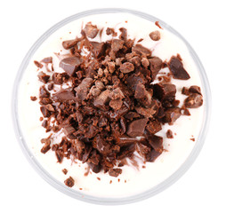 Yogurt, with chocolate cream, chopped chocolate and muesli