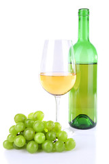 Tasty wine and ripe grape, isolated on white