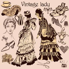 Fototapeta na wymiar Collection of old-fashioned woman and accessories