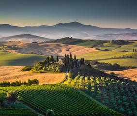 Scenic Tuscany landscape at sunrise, Val d'Orcia, Italy