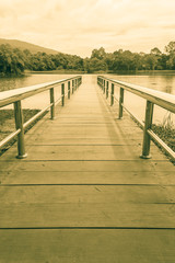 Fototapeta na wymiar stainless steel bridge or pier at lake
