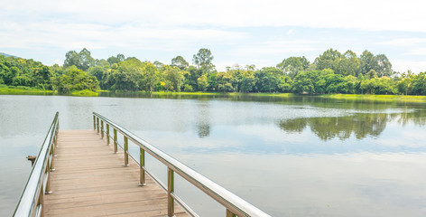 Naklejka premium stainless steel bridge or pier at lake