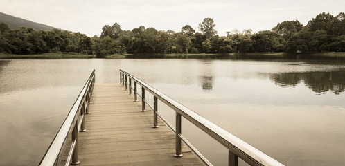 stainless steel bridge or pier at lake