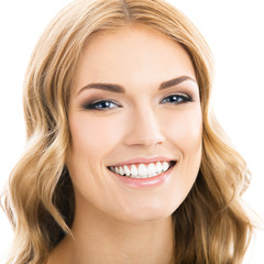 Happy smiling young woman, over white