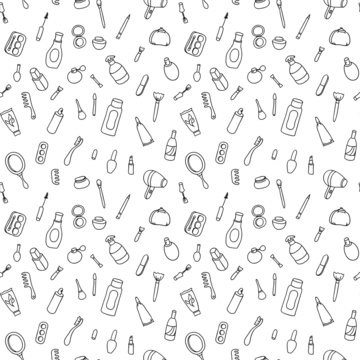 Cosmetics and beauty products icons. Vintage seamless patterns