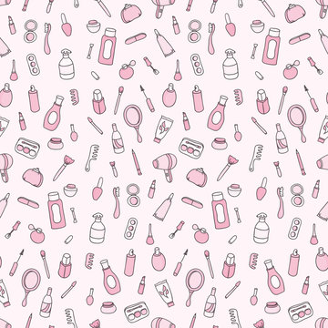 Cosmetics and beauty products icons. Vintage seamless patterns