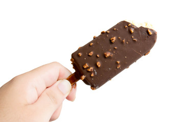 Hand holding bitten ice cream. Isolated on a white background