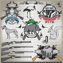 Hunting set of elements and animals. Vector.