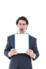 angry and shocked businessman holding a white board