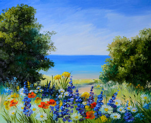 oil painting landscape - field near the sea, wild flowers