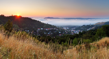 Slovakia city panorama at sunrise, Banska Stiavnica