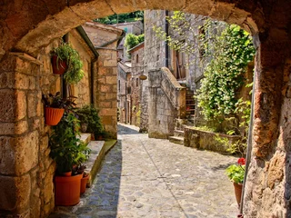 Fotobehang Arched cobblestone street in a Tuscan village, Italy © Jenifoto