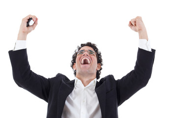 success with hands in the sky above head and with face expressio