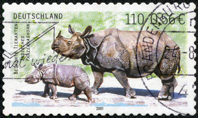 stamp printed by Germany, shows Indian rhinoceros