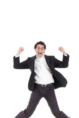 Young happy business man jumping in the air , isolated on white