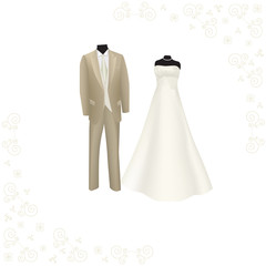 wedding dress and brown men's suit