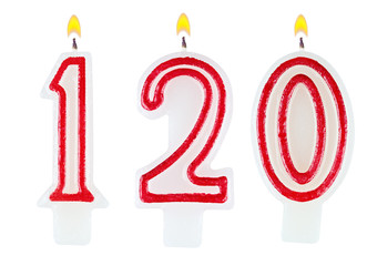 candles number one hundred twenty isolated on white background