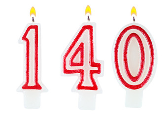 candles number one hundred forty isolated on white background