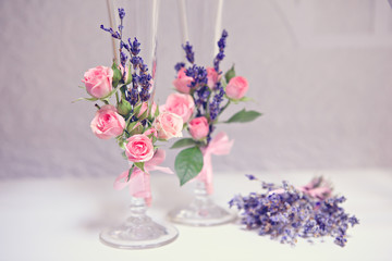 Wedding glasses with roses and lavender