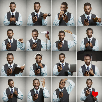 Collage of a smart phone addicted man