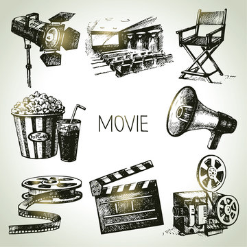 Movie And Film Set. Hand Drawn Vintage Illustrations