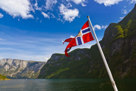 Norway Flag And Sognefjord