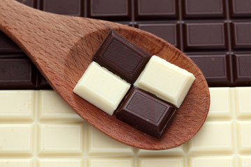 Dark and white chocolate in a wooden spoon