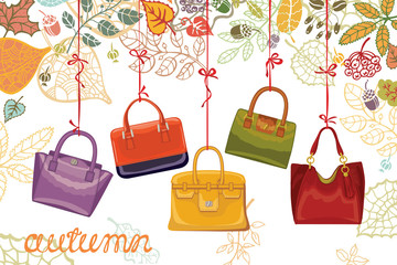 Autumn fashion. Women's handbags and leaves