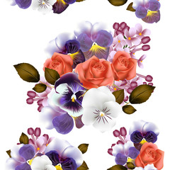 Seamless wallpaper pattern with roses and violets flowers