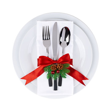 Christmas Plate And Silverware Isolated On White Background