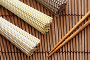 Japanese noodles with chopsticks on bamboo napkin