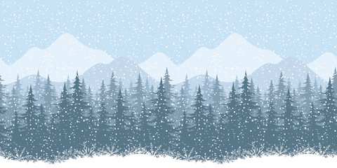 Seamless winter landscape with fir trees