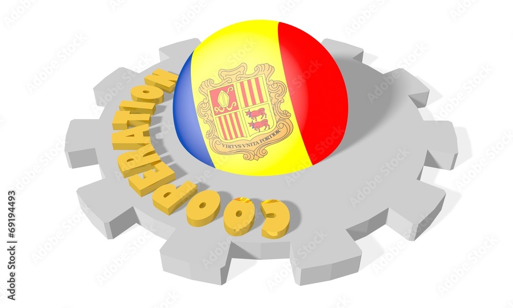 Wall mural sphere in gear textured by andorra flag, cooperation word