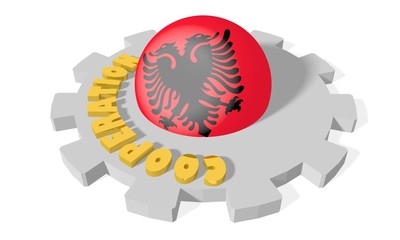sphere in gear textured by albania flag, cooperation word