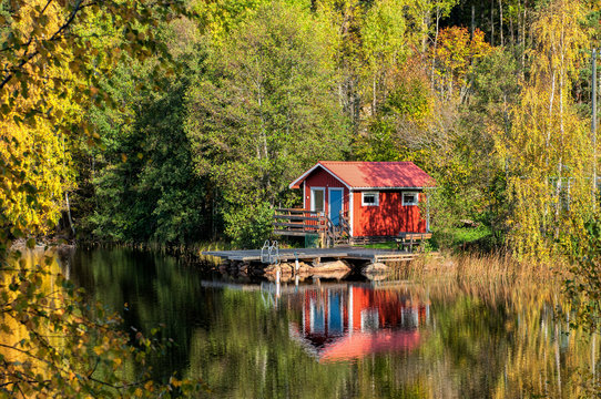 Traditional Swedish summer cottage during autumn