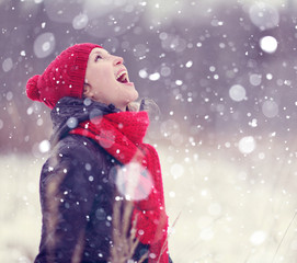 happy girl winter snow runs