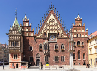 Sights of Poland.  Wroclaw Old Town with Gothic Town Hall.