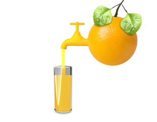Orange juice pouring out from orange tap