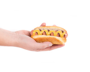 Hand holding tasty hot dog.