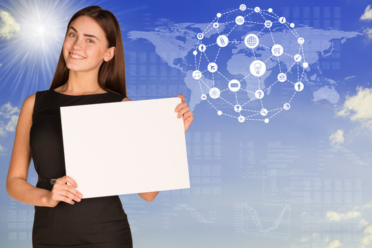 Businesswoman with world map and app icons