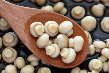 Pickled white mushrooms in a wooden spoon