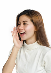 Asian woman in  gesturing a verbal call.