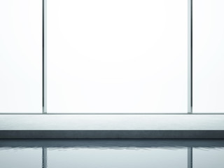 empty interior with swimming pool and large windows