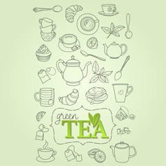 Hand drawn green tea doodle concept vector