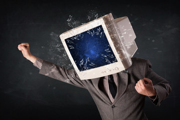 Computer monitor screen exploding on a young persons head